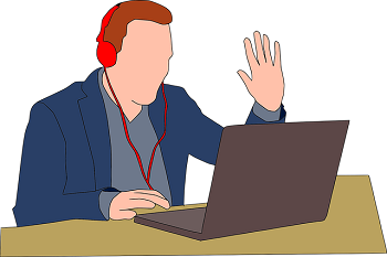A cartoon of a man in front of a laptop wearing headphones 